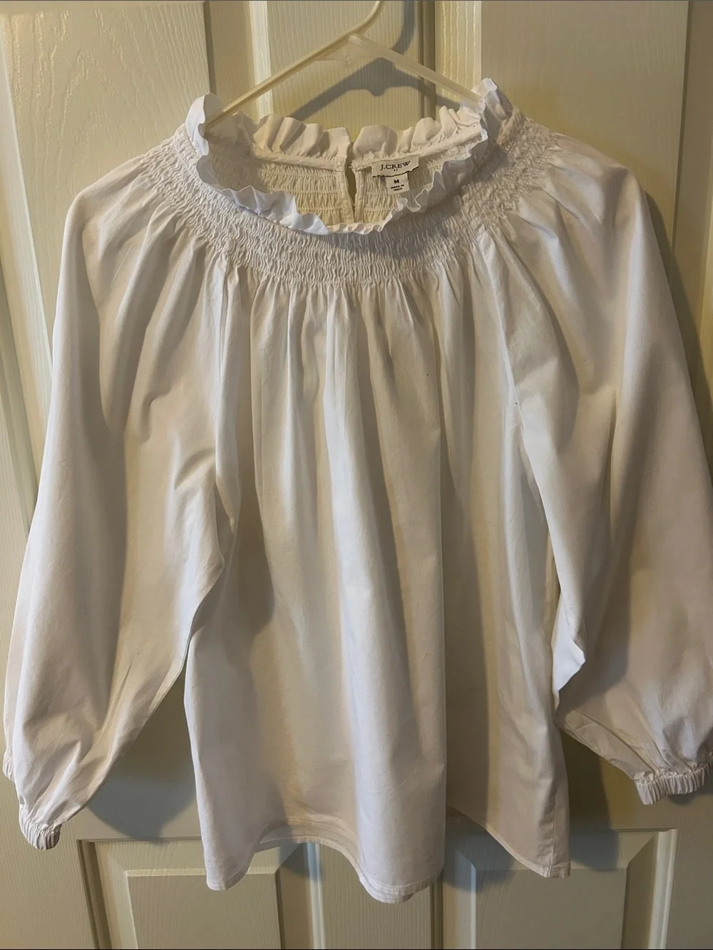 J. Crew White Smocked Ruffle-Neck Blouse